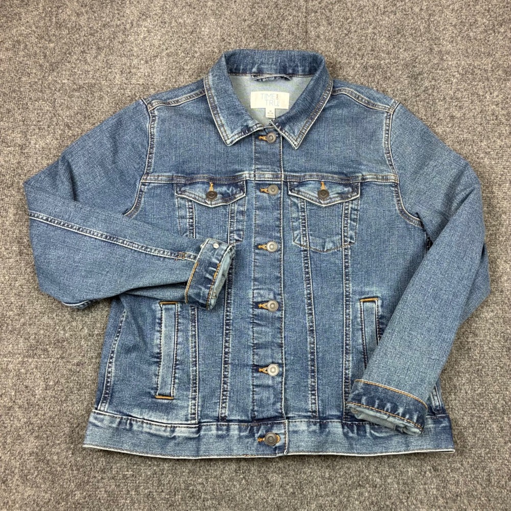 Time and Tru Womens Size Medium 8-10 Wash Denim Jacket Stretch Blue Jean Coat